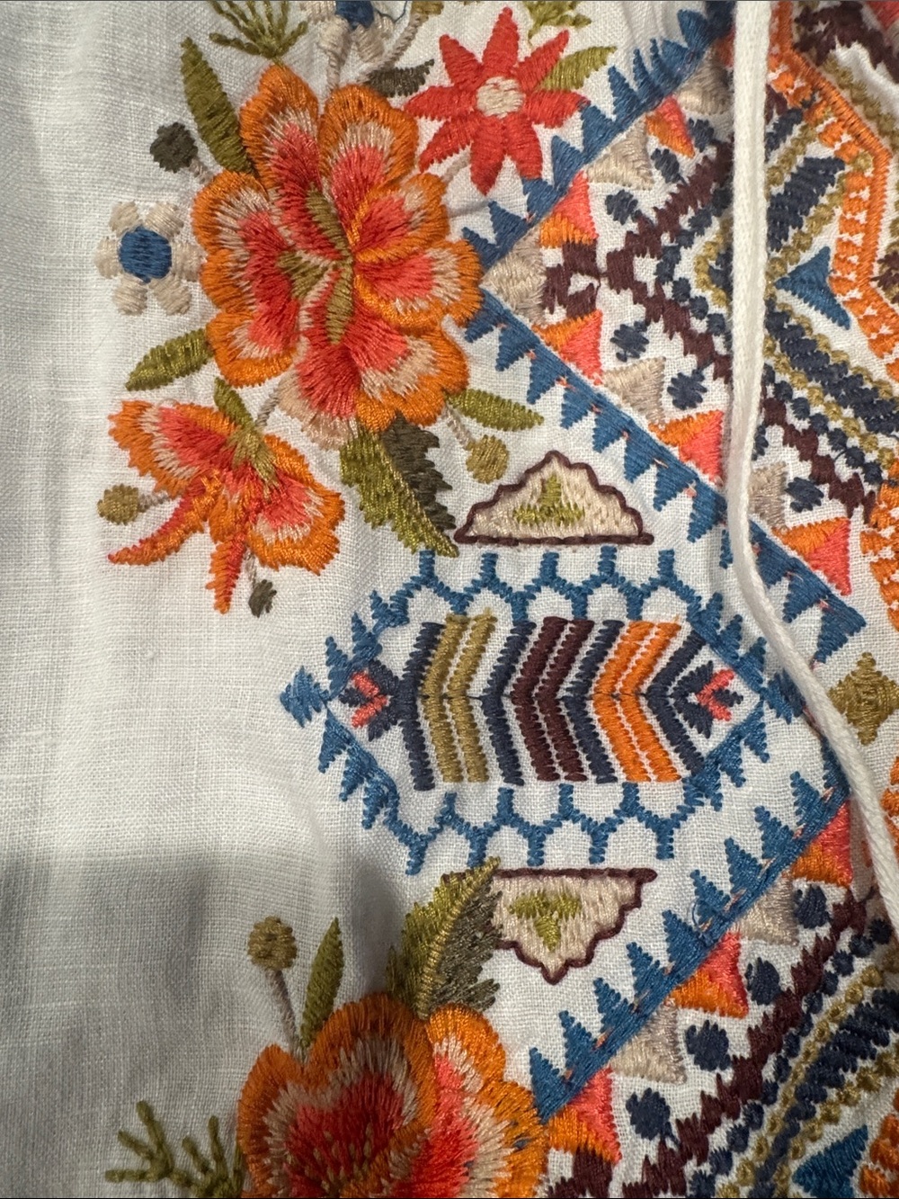 Johnny Was embroidered boho Peasant Top - White with Orange & Blue Floral detail - Picture 4 of 7